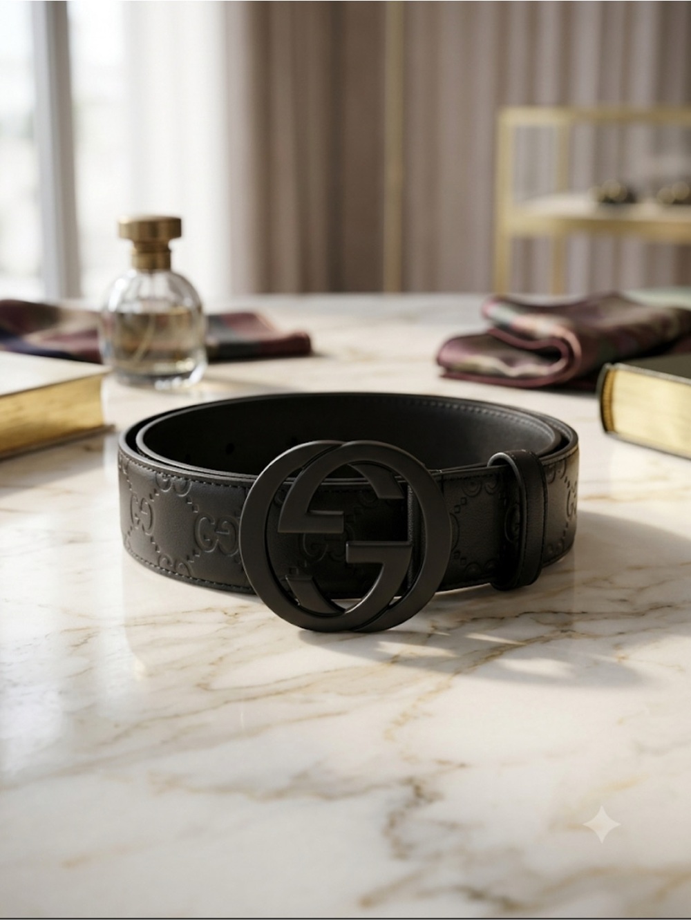 Brand New !! Black Embossed Leather Men's Belt with Signature Double G Buckle